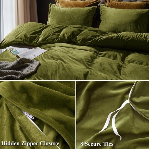 🆕 Olive Green Velvet Luxury Duvet Set Bedding High End Hotel Vibes KING - Picture 5 of 9
